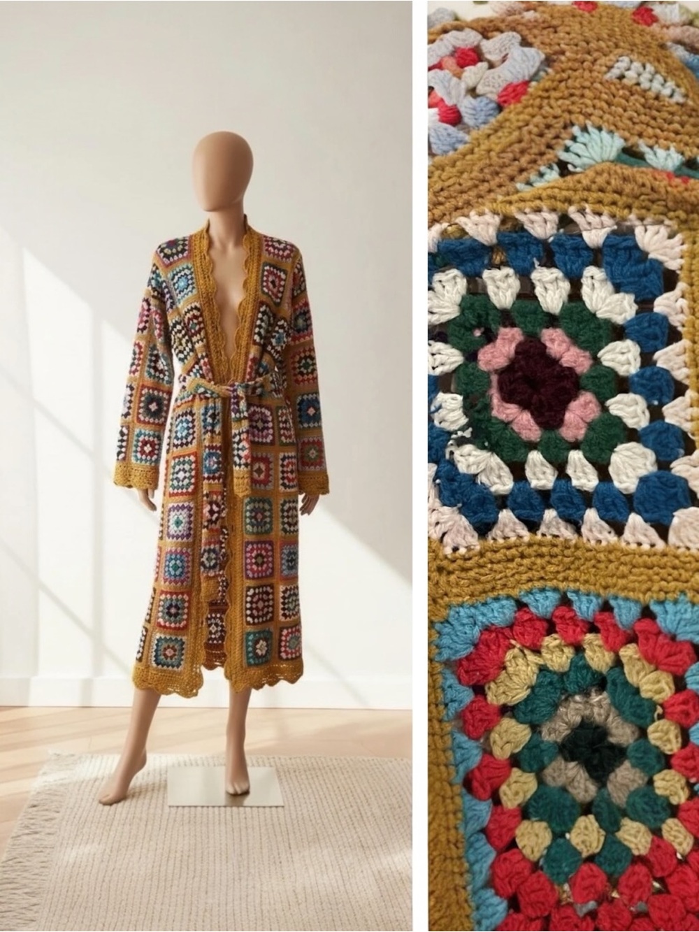 Vintage Italian Macrame Women's Crochet Rainbow Quilt Duster Sweater Coat Large